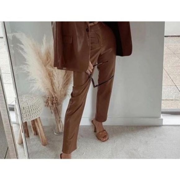 ZARA Medium Brown Leather Pants High Waist Straight Leg Jean - Picture 10 of 10